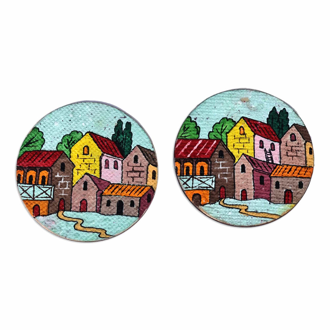Hand-Painted Warm-Toned Round Recycled Paper Magnets (Pair) - Evening at the Town