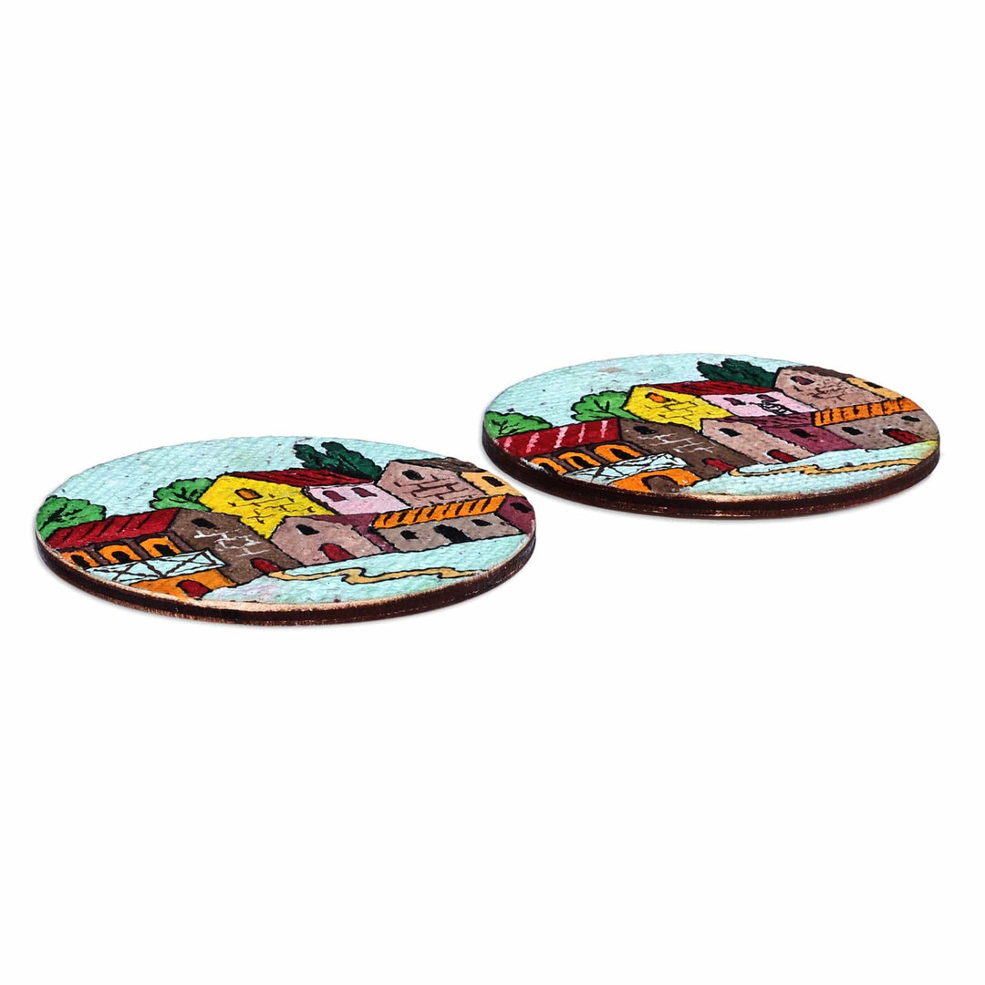 Hand-Painted Warm-Toned Round Recycled Paper Magnets (Pair) - Evening at the Town
