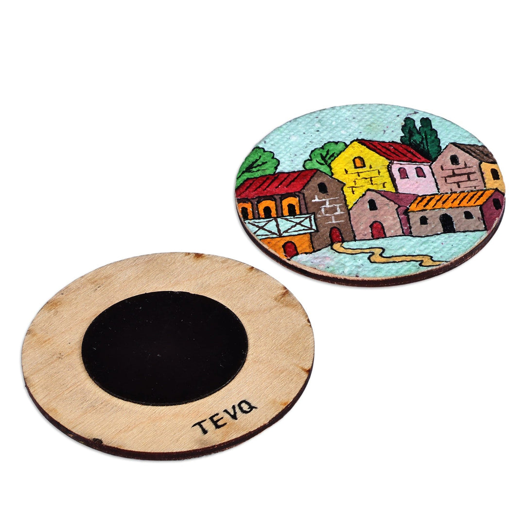 Hand-Painted Warm-Toned Round Recycled Paper Magnets (Pair) - Evening at the Town