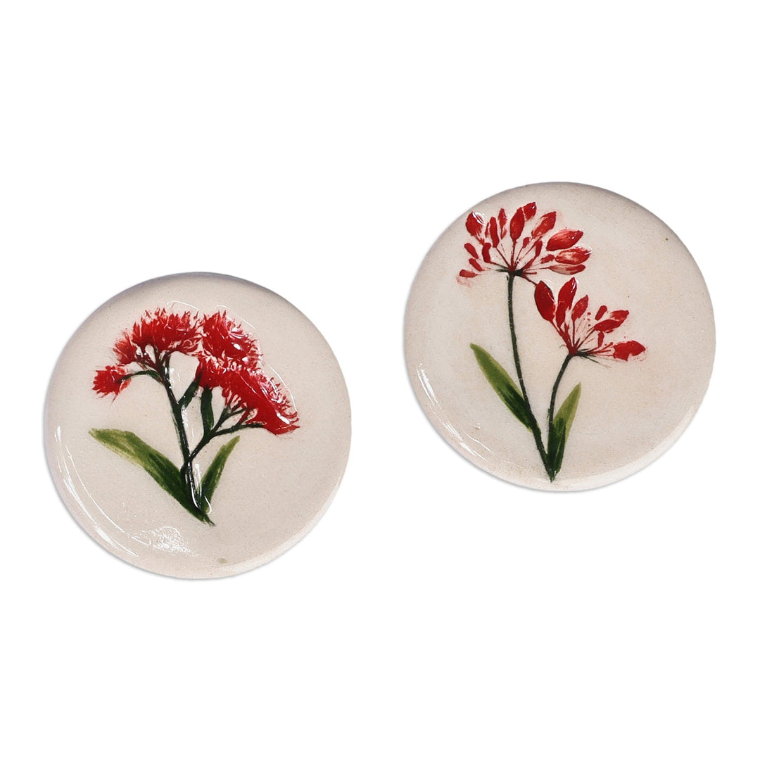 Two Hand-Painted Ceramic Magnets with Red Flower Motifs - Red Blooms