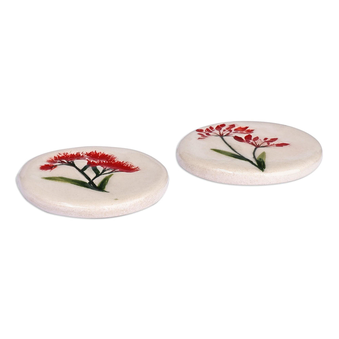 Two Hand-Painted Ceramic Magnets with Red Flower Motifs - Red Blooms