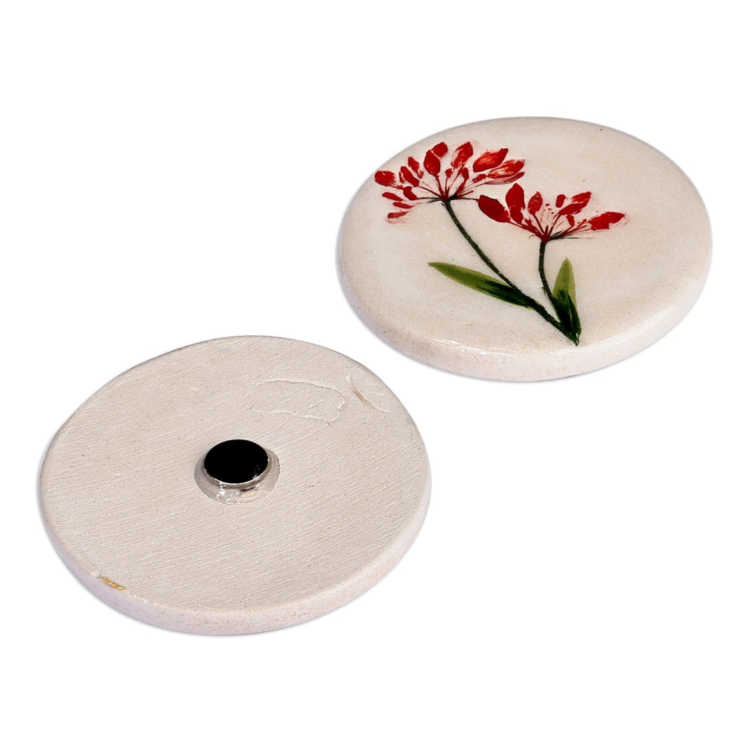 Two Hand-Painted Ceramic Magnets with Red Flower Motifs - Red Blooms