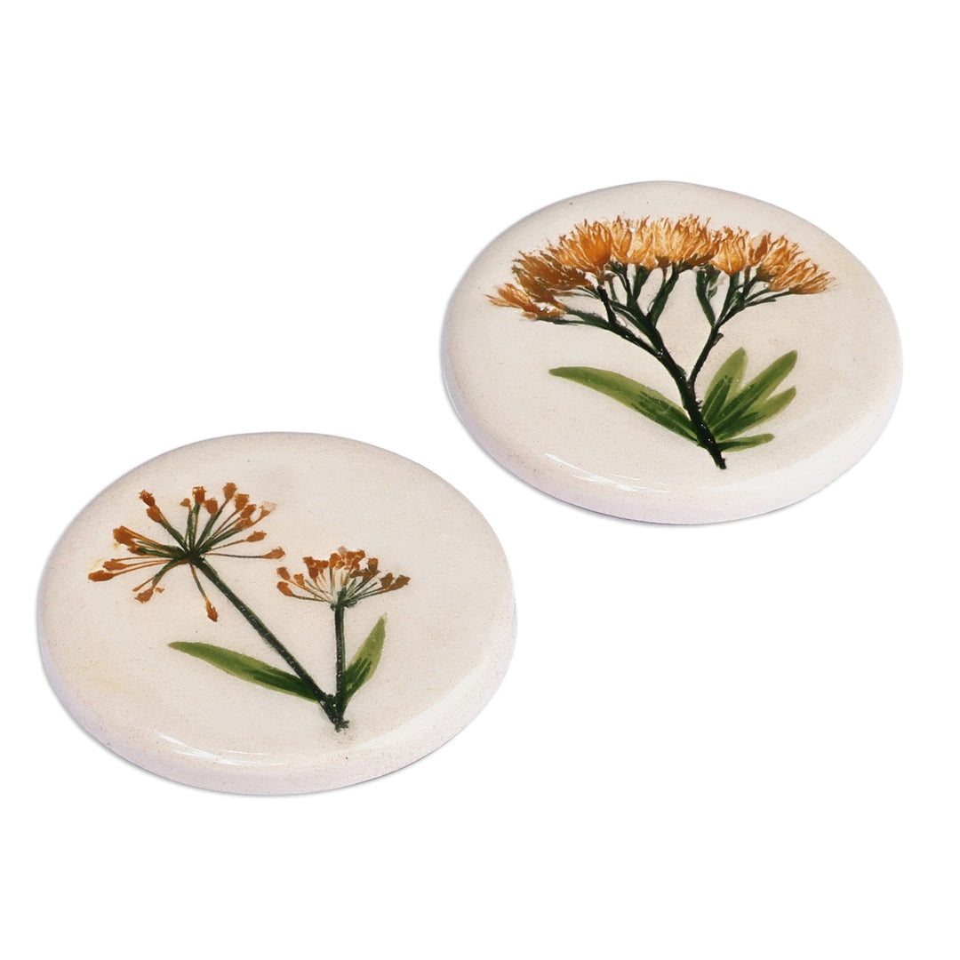 Two Hand-Painted Ceramic Magnets with Yellow Flower Motifs - Yellow Blooms