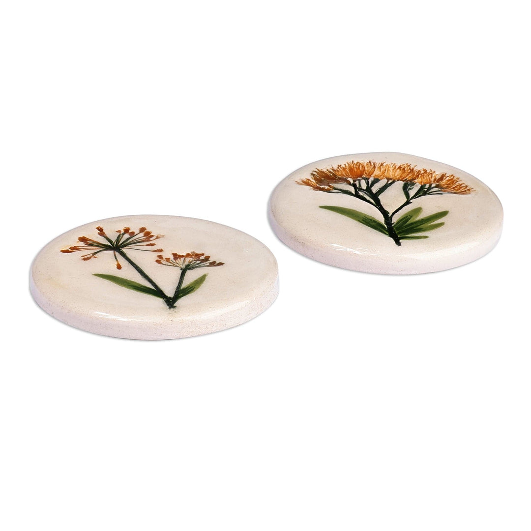 Two Hand-Painted Ceramic Magnets with Yellow Flower Motifs - Yellow Blooms