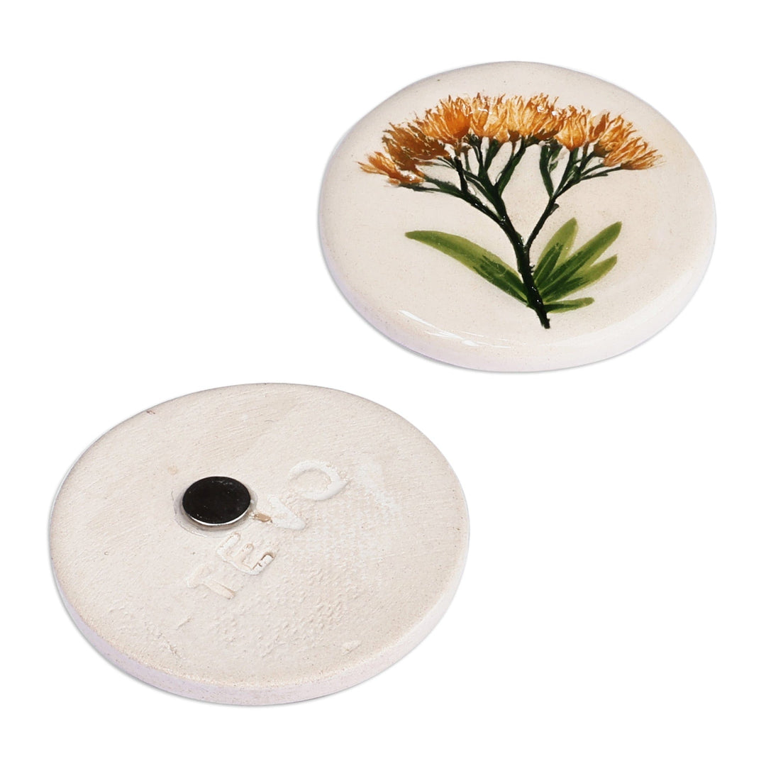 Two Hand-Painted Ceramic Magnets with Yellow Flower Motifs - Yellow Blooms