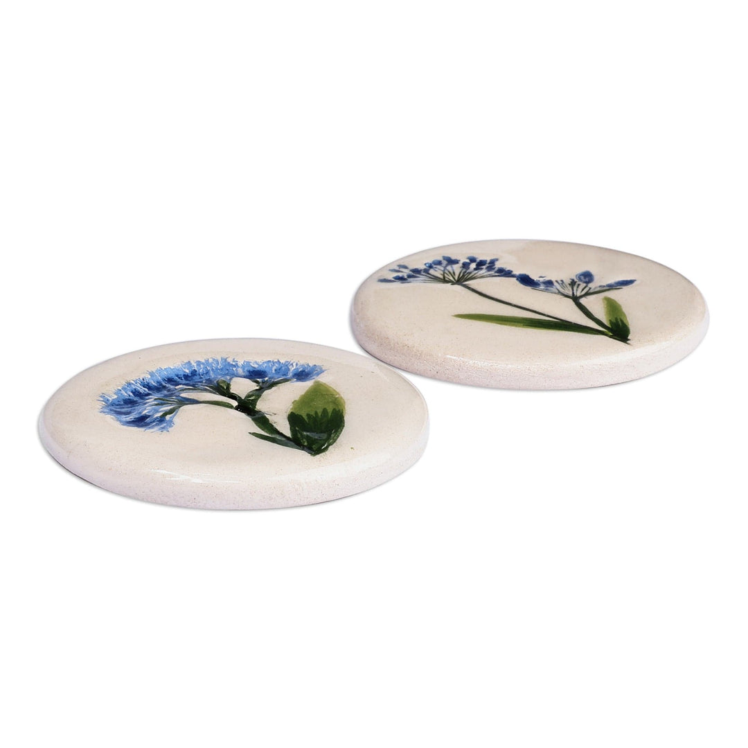 Two Hand-Painted Ceramic Magnets with Blue Flower Motifs - Blue Blooms