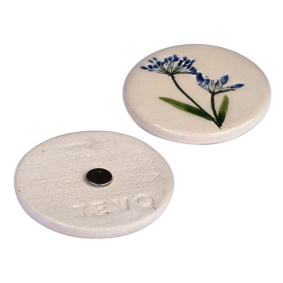 Two Hand-Painted Ceramic Magnets with Blue Flower Motifs - Blue Blooms