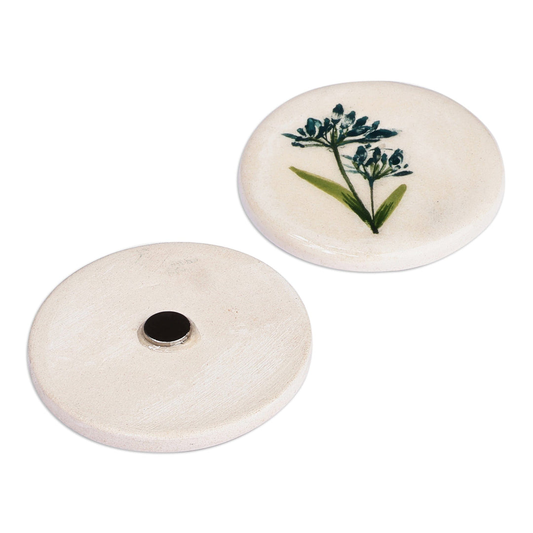 Two Hand-Painted Ceramic Magnets with Teal Flower Motifs - Teal Blooms