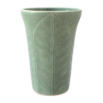 Handcrafted Green Ceramic Vase - Forest Leaves