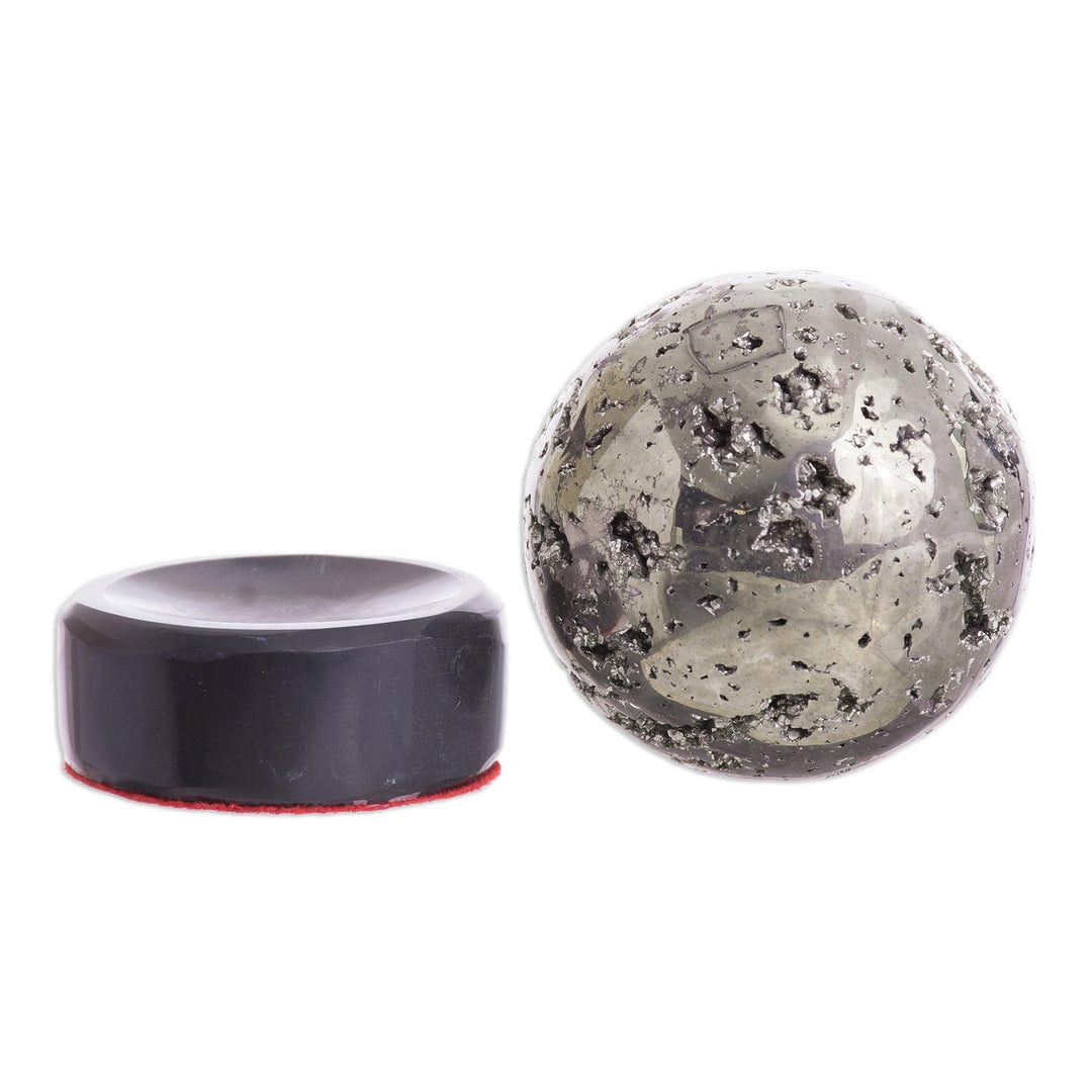 Pyrite Sphere Sculpture on Onyx Stand - Reflections