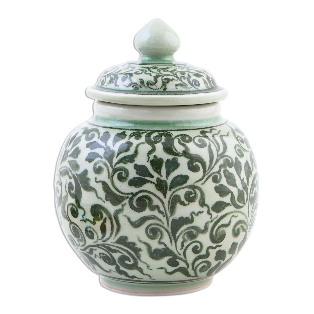 Celadon Ceramic Jar with Lid - Vegetation