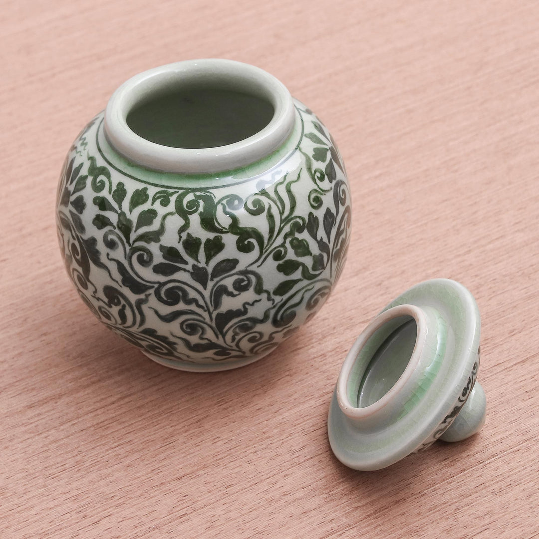 Celadon Ceramic Jar with Lid - Vegetation