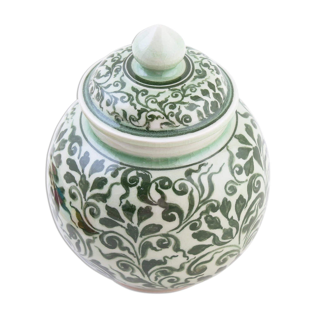 Celadon Ceramic Jar with Lid - Vegetation