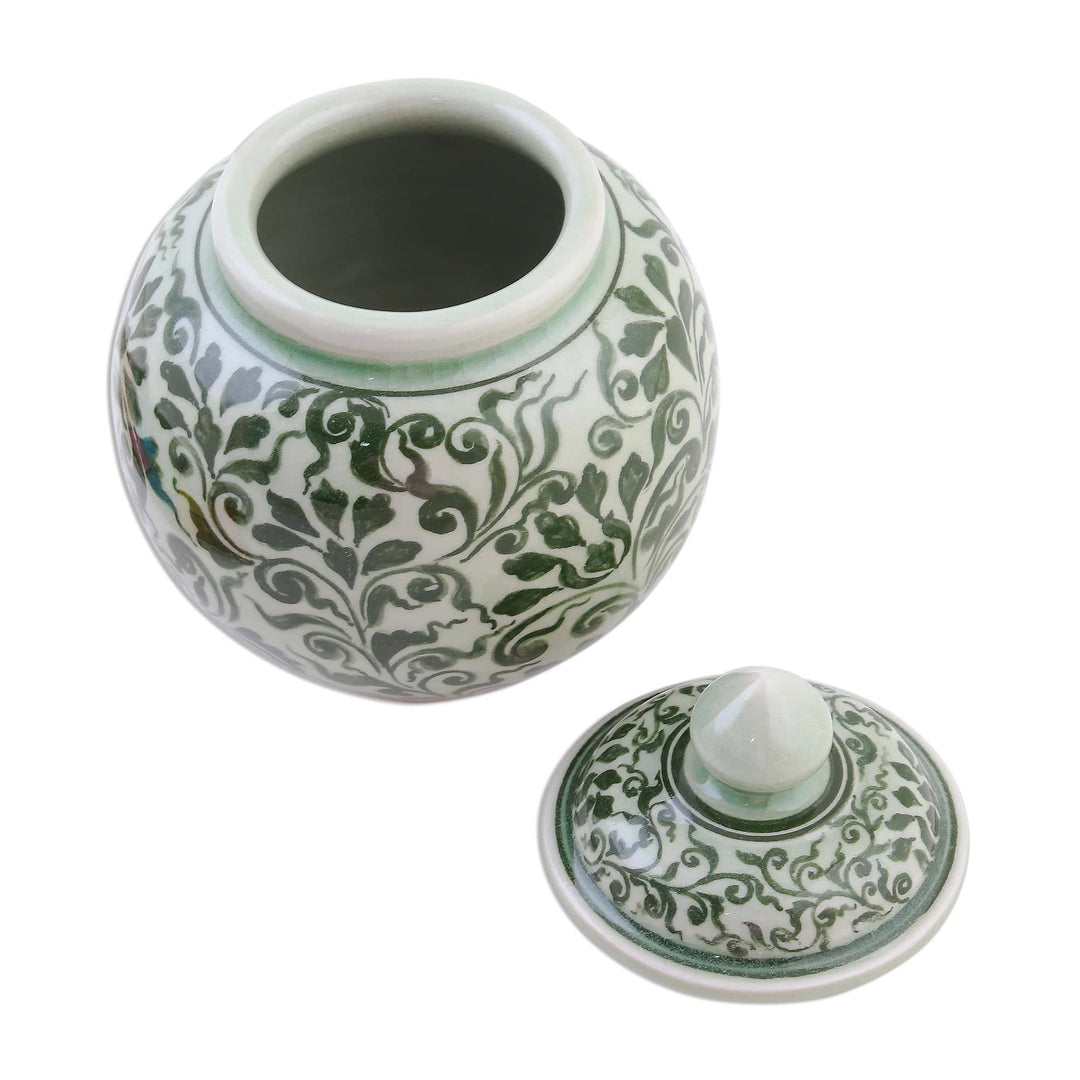 Celadon Ceramic Jar with Lid - Vegetation