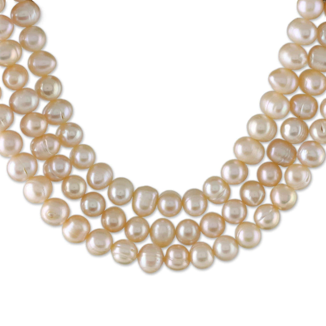 Thai Cultured Peach Pearl Triple Strand Necklace - Triple Halo