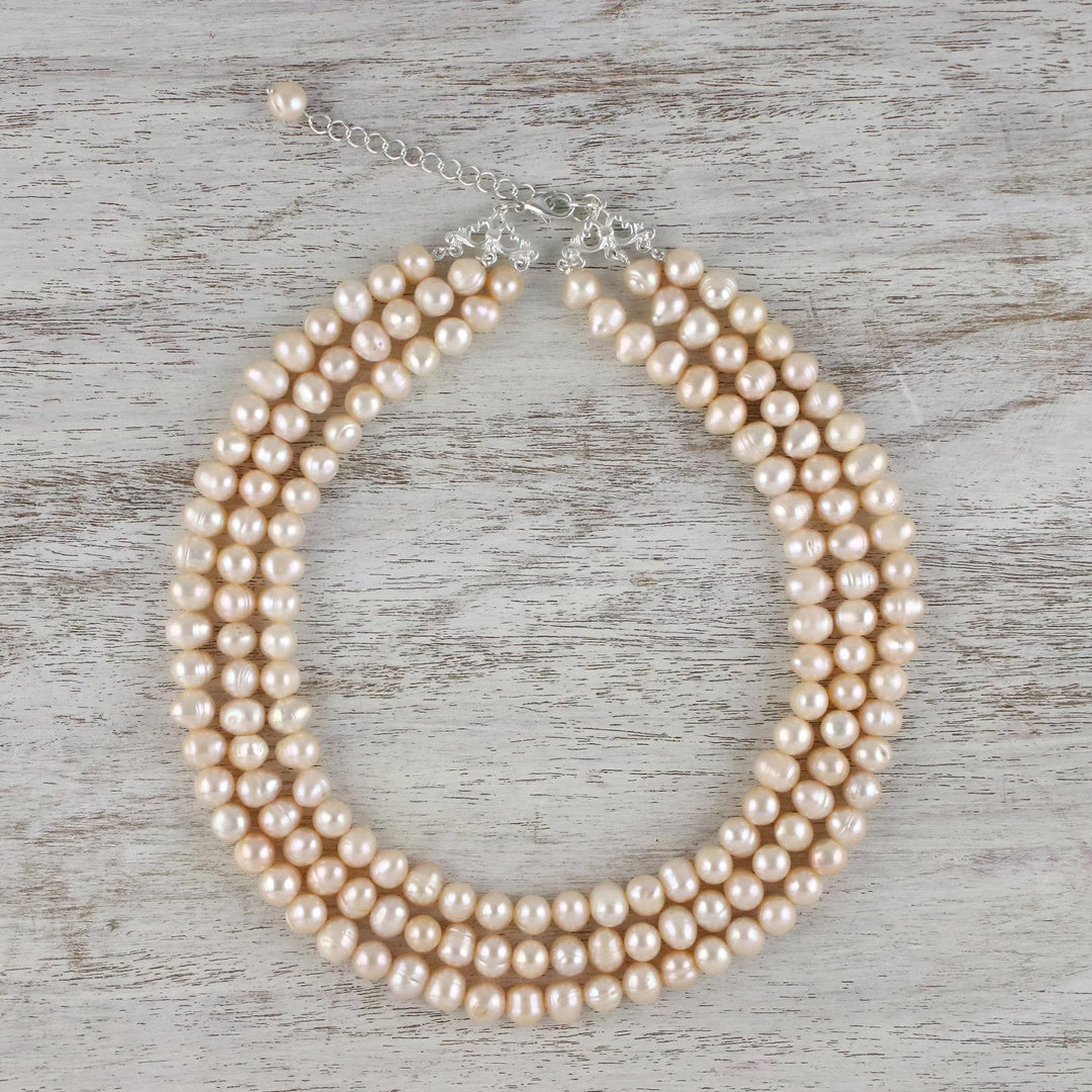 Thai Cultured Peach Pearl Triple Strand Necklace - Triple Halo