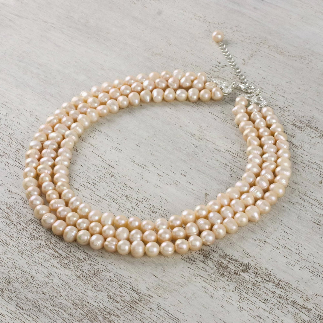 Thai Cultured Peach Pearl Triple Strand Necklace - Triple Halo