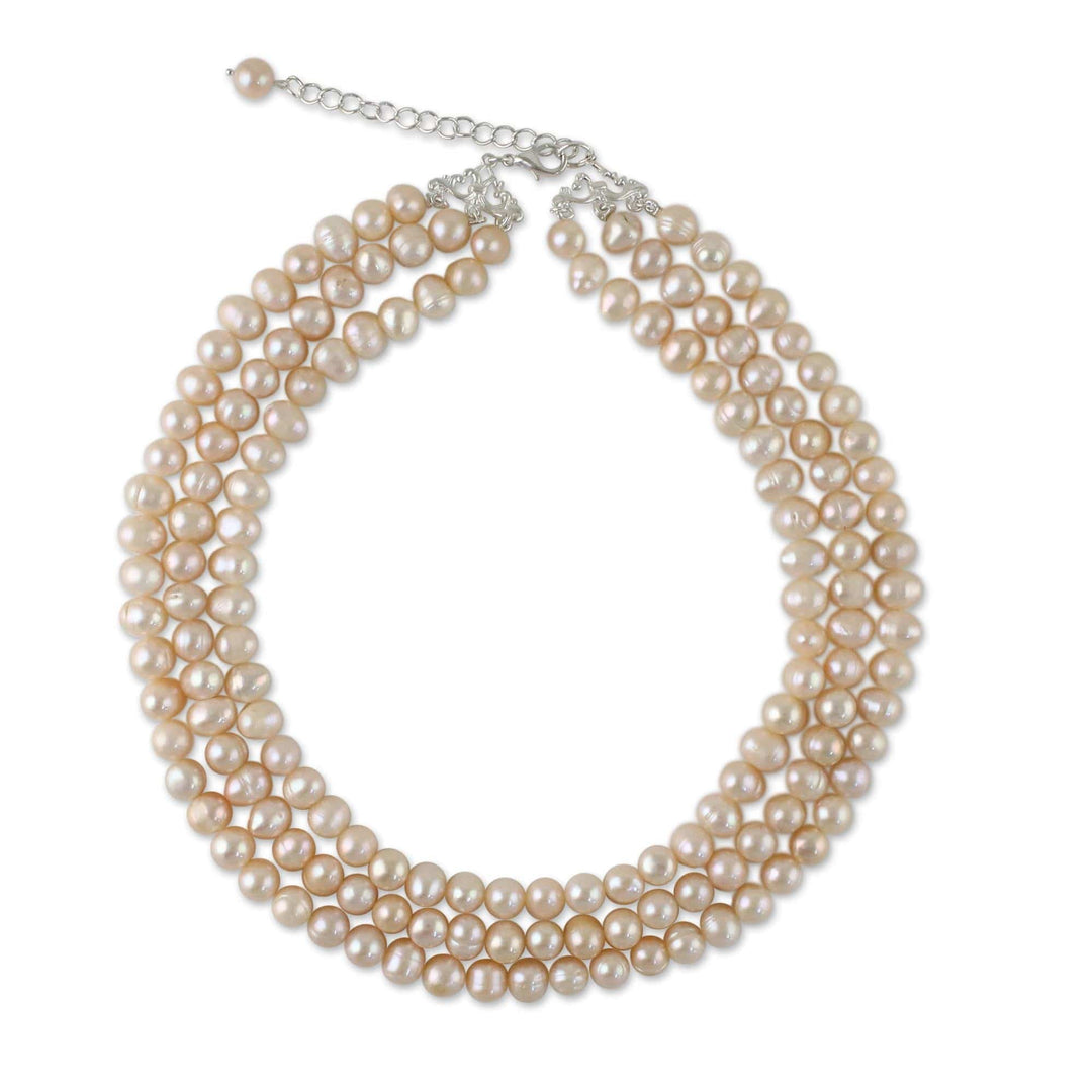 Thai Cultured Peach Pearl Triple Strand Necklace - Triple Halo