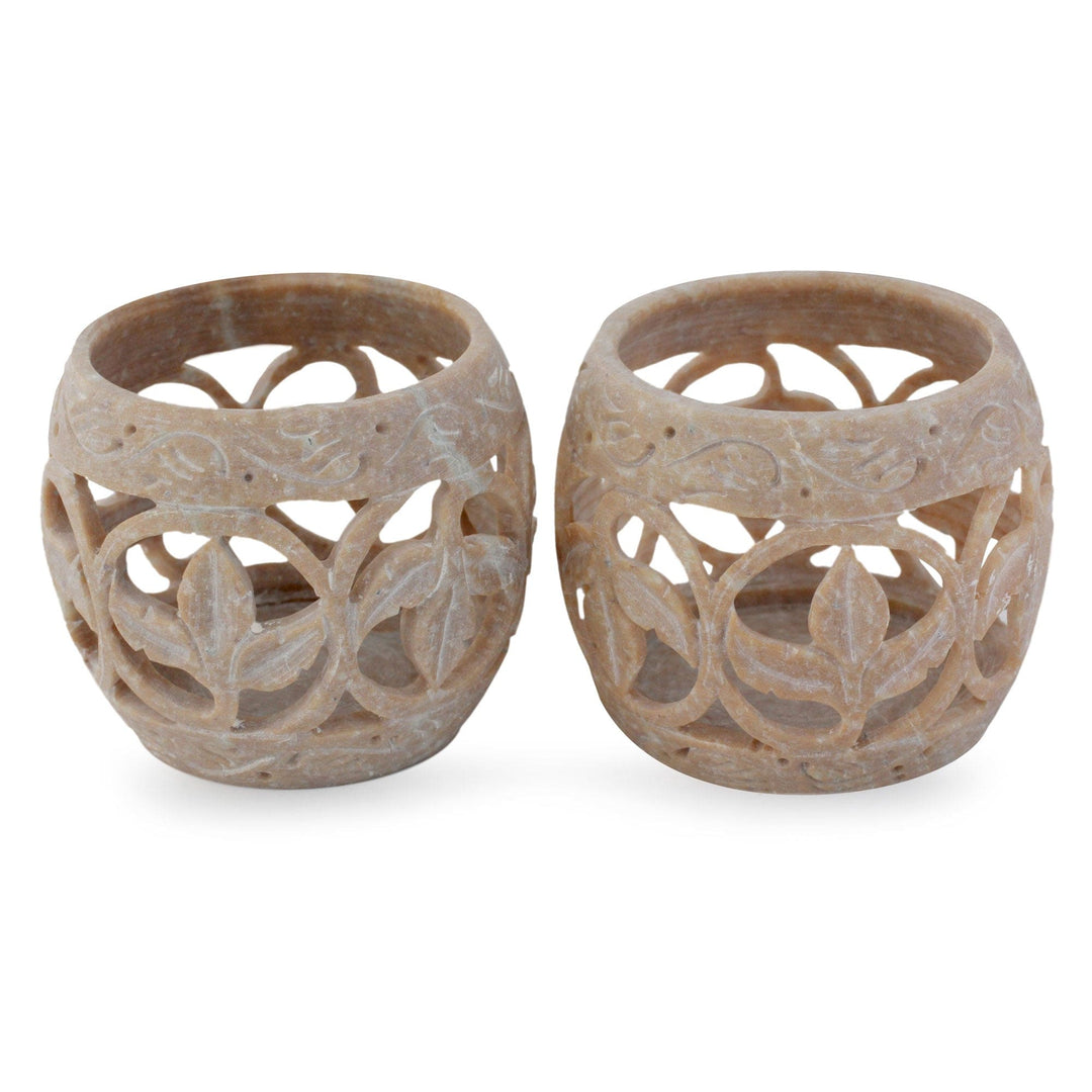 Handcrafted Soapstone Candle Holders Set 2 - Fig Leaf