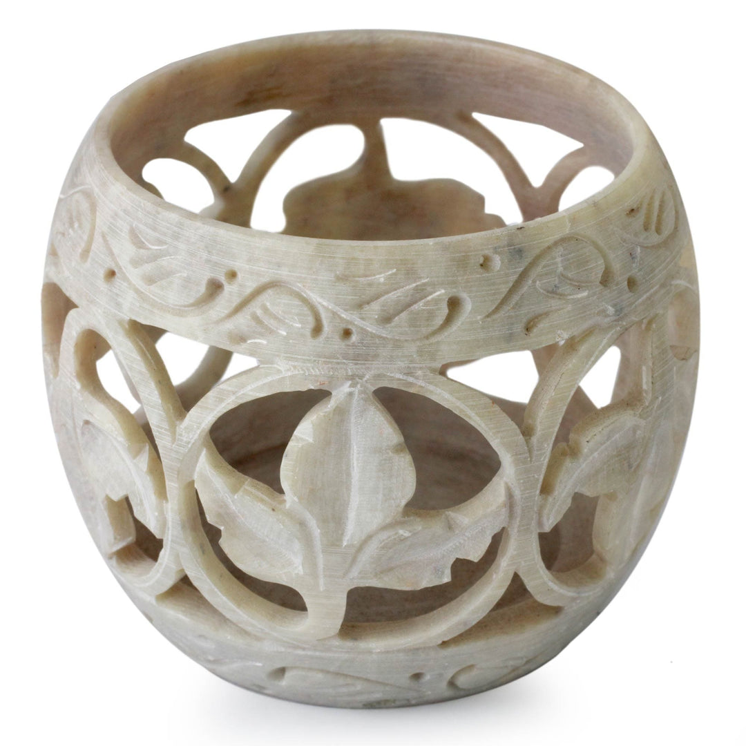 Handcrafted Soapstone Candle Holders Set 2 - Fig Leaf