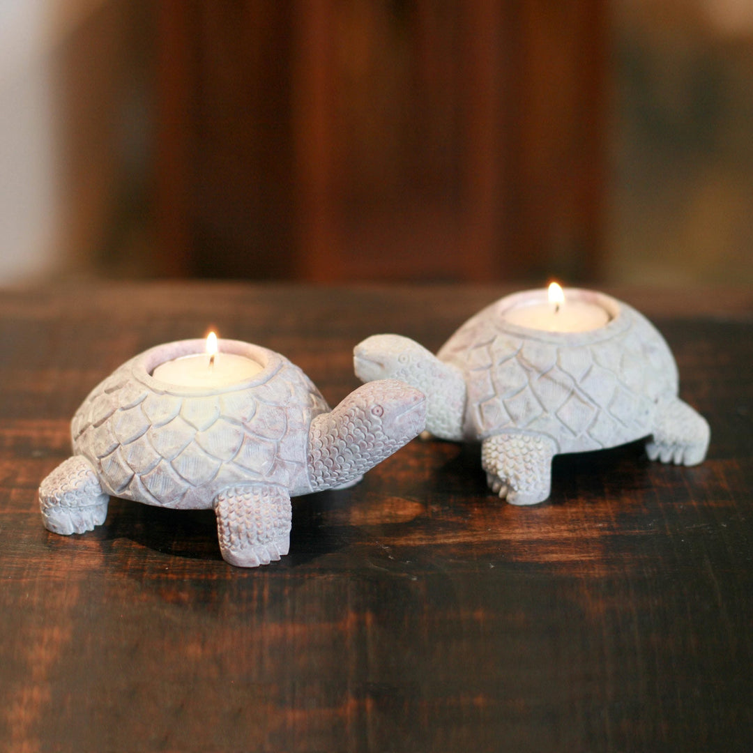 Soapstone candleholders - Turtle Twins