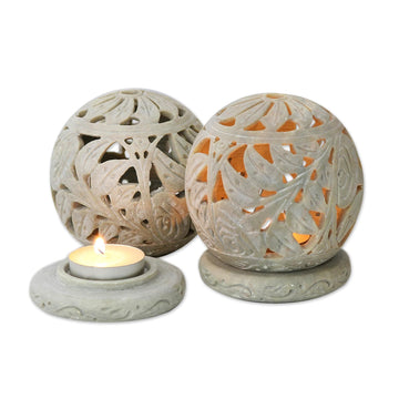 Natural Soapstone Candle Holder Hand Made Jali Pair Set - Tea Roses