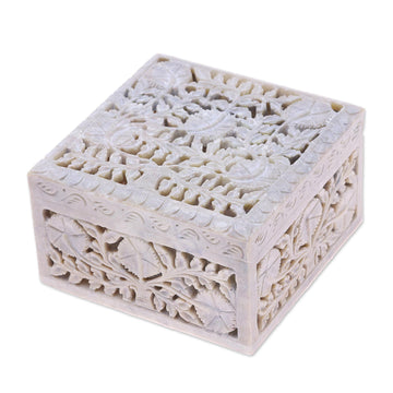 Jali Carving Soapstone Jewelry Box - Poppies