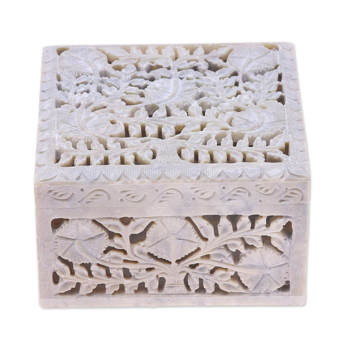 Jali Carving Soapstone Jewelry Box - Poppies