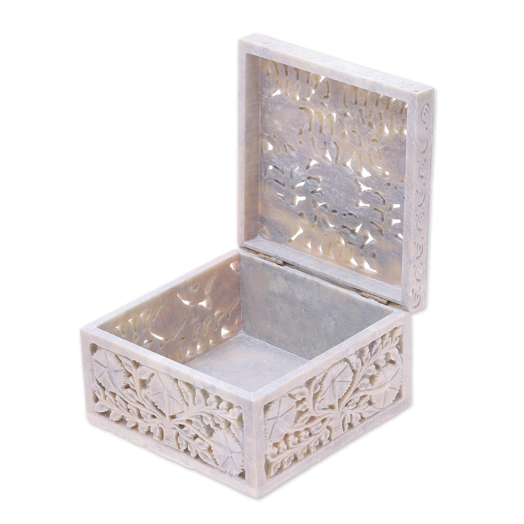 Jali Carving Soapstone Jewelry Box - Poppies