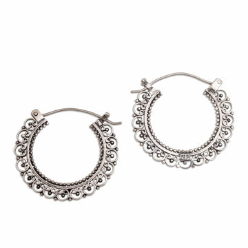 Artisan Jewelry Sterling Silver Hoop Earrings - Balinese Lace