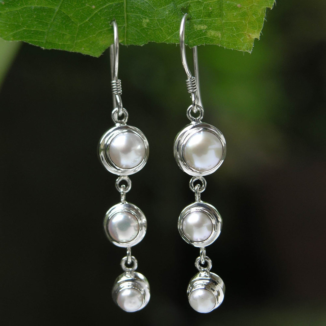 Pearl Sterling Silver Dangle Earrings - Three Full Moons
