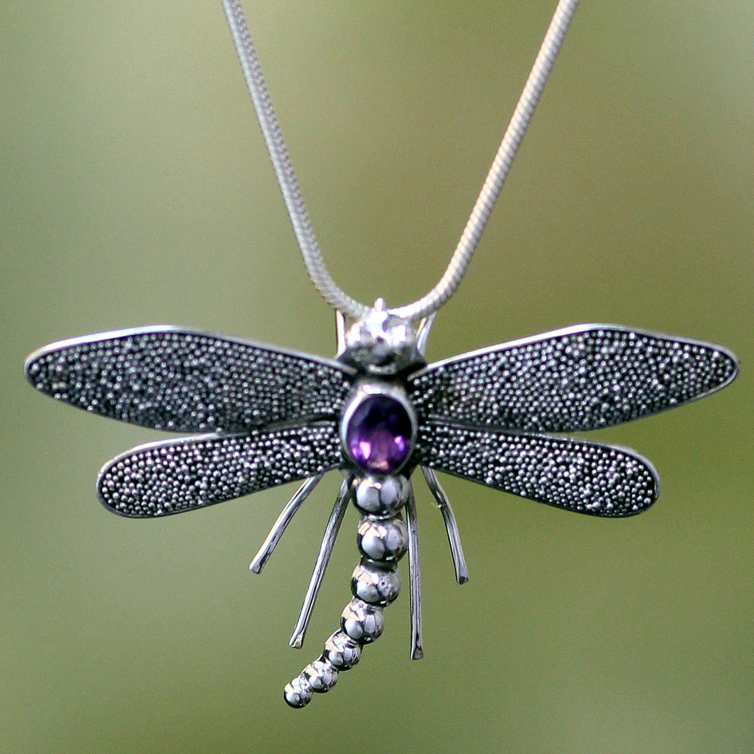 Sterling Silver and Amethyst Pendant Necklace - Enchanted Dragonfly