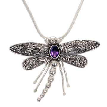 Sterling Silver and Amethyst Pendant Necklace - Enchanted Dragonfly