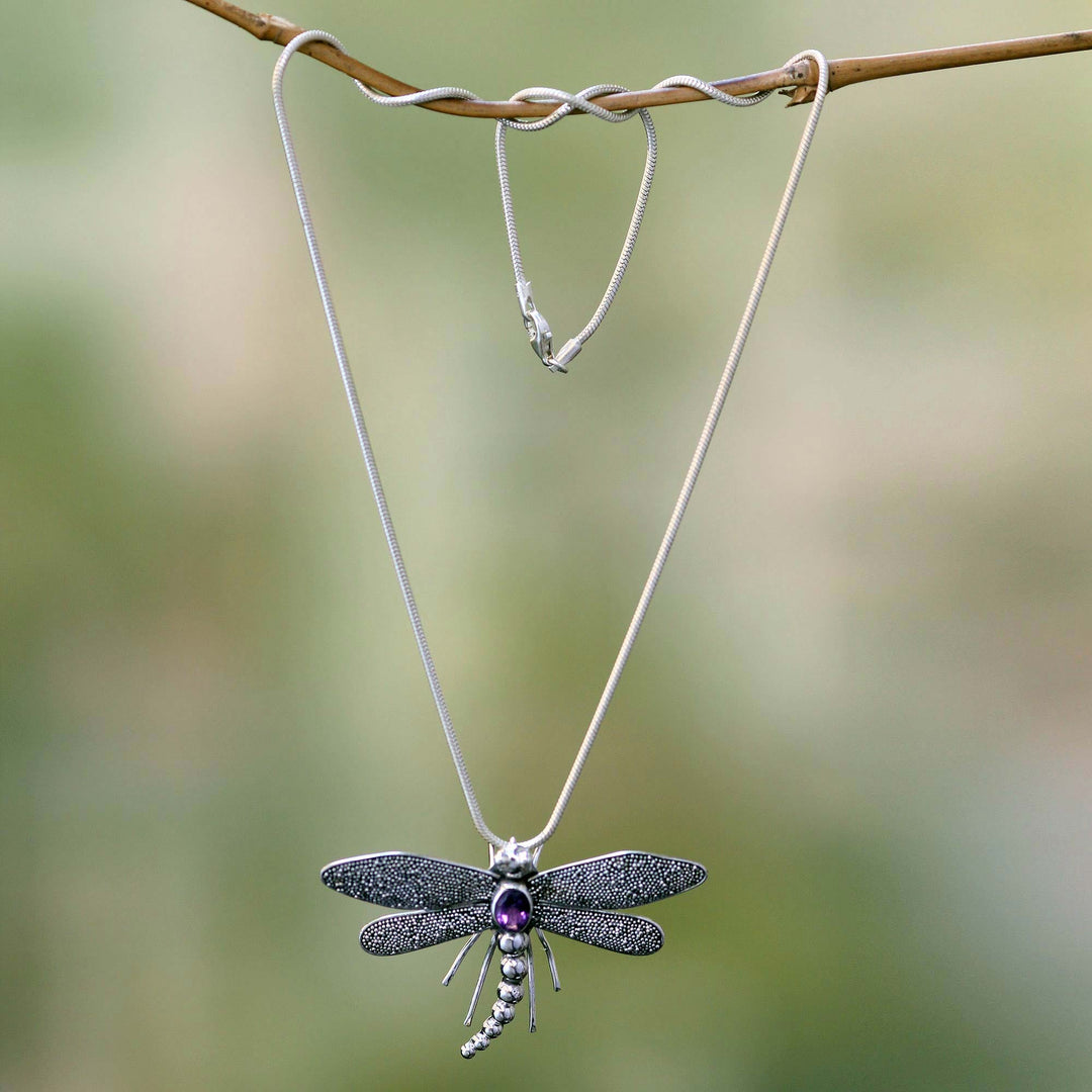 Sterling Silver and Amethyst Pendant Necklace - Enchanted Dragonfly