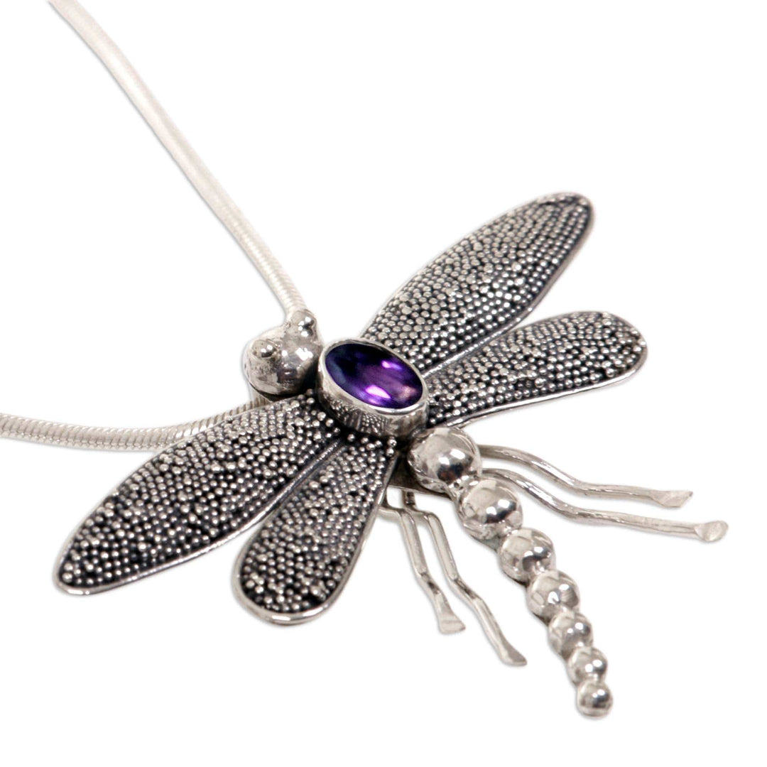 Sterling Silver and Amethyst Pendant Necklace - Enchanted Dragonfly