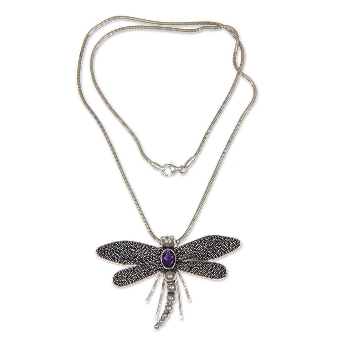 Sterling Silver and Amethyst Pendant Necklace - Enchanted Dragonfly