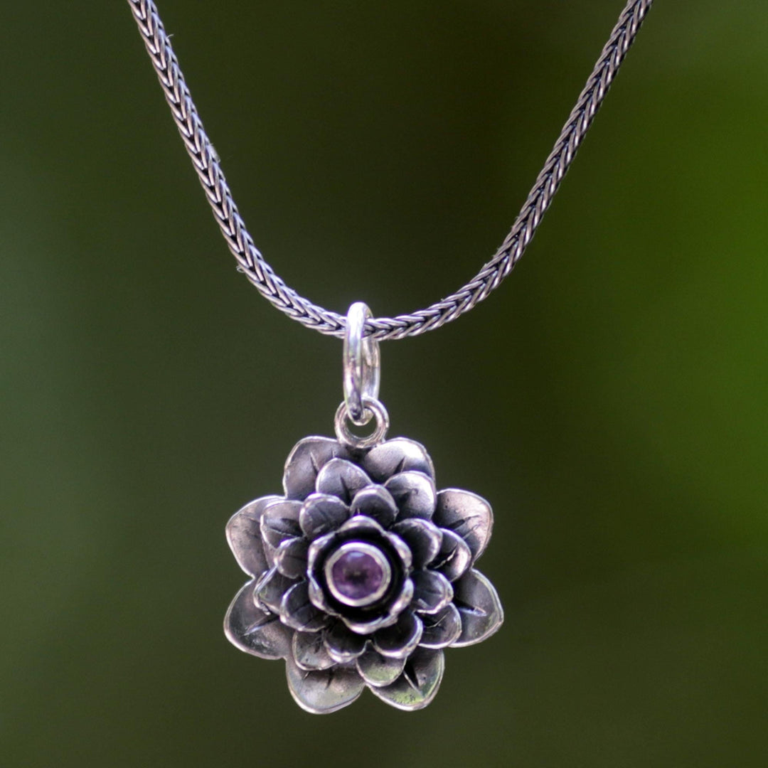 Amethyst and Sterling Silver Necklace - Sacred Lilac Lotus