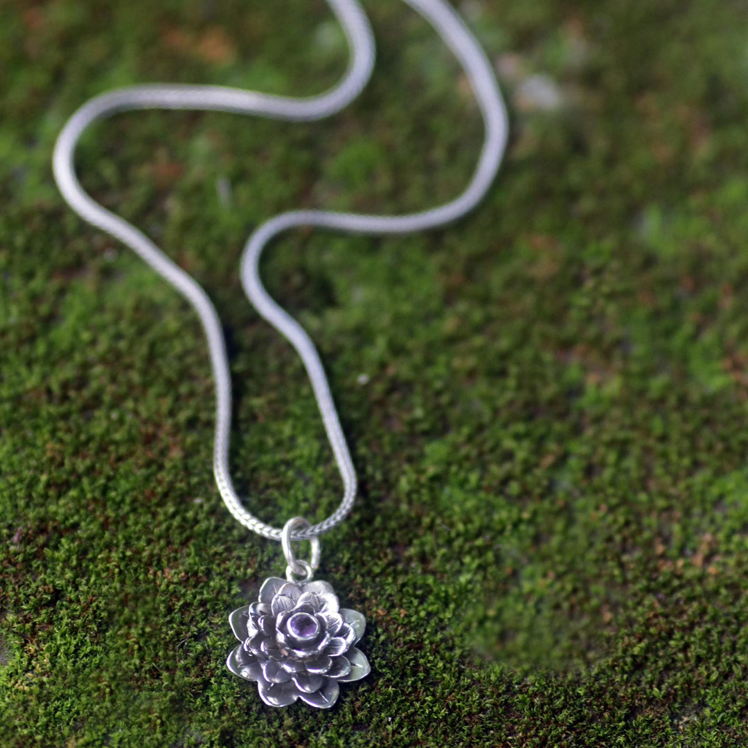 Amethyst and Sterling Silver Necklace - Sacred Lilac Lotus