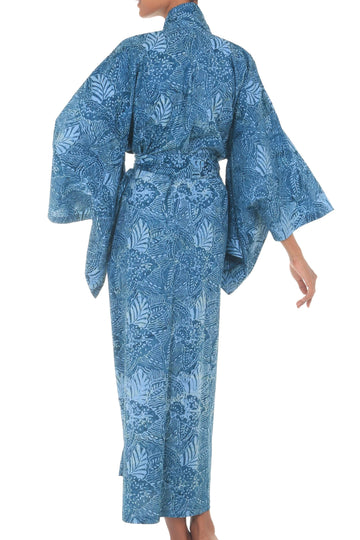 Long Batik Cotton Robe for Women - Blue Forest