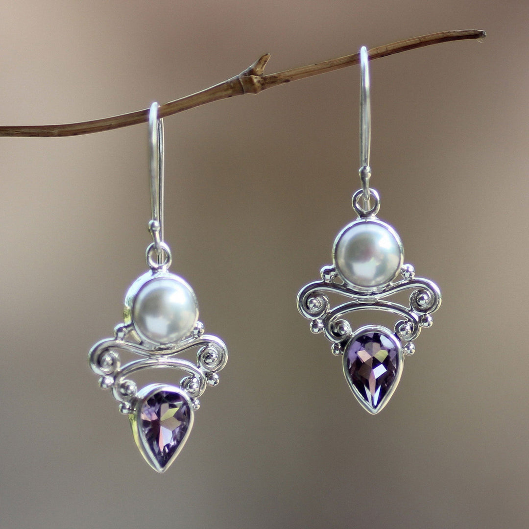 Amethyst and Pearl Dangle Earrings - Guardian Moon