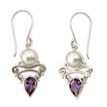 Amethyst and Pearl Dangle Earrings - Guardian Moon