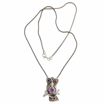 Sterling Silver and Amethyst Pendant Necklace - Wise Owl