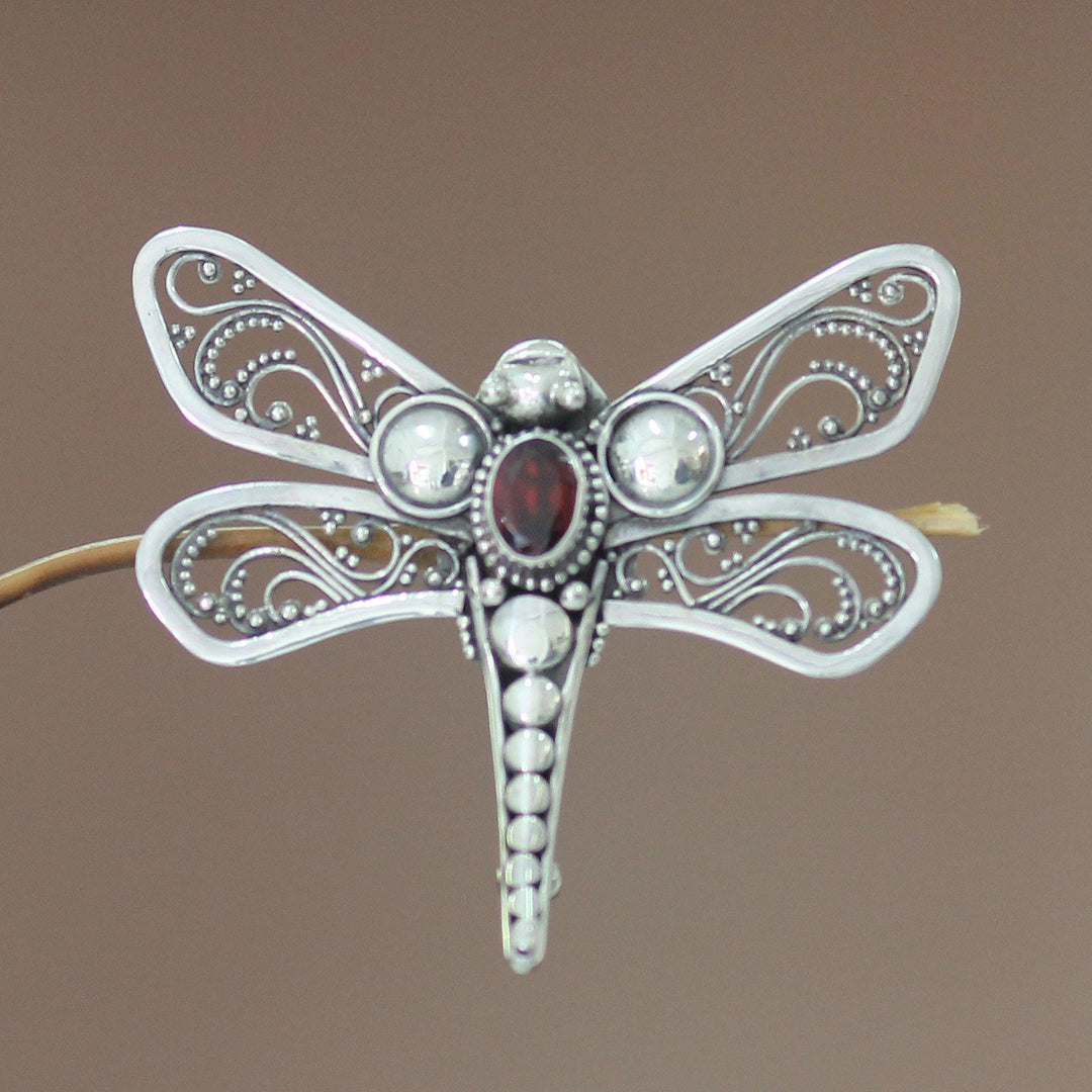 Garnet and Silver Brooch Pin - Scarlet Dragonfly