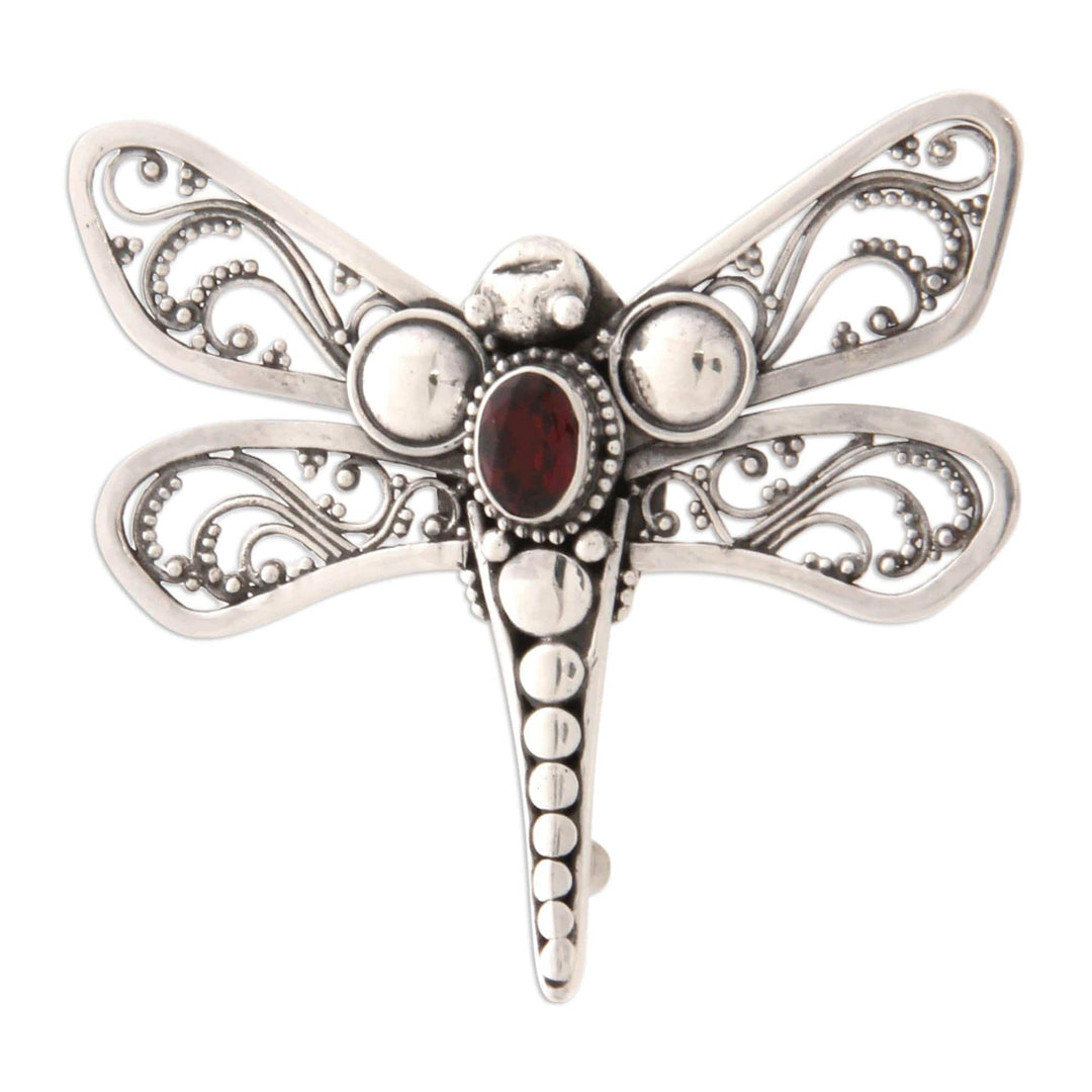 Garnet and Silver Brooch Pin - Scarlet Dragonfly