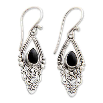 Sterling Silver and Onyx Dangle Earrings - Black Fern