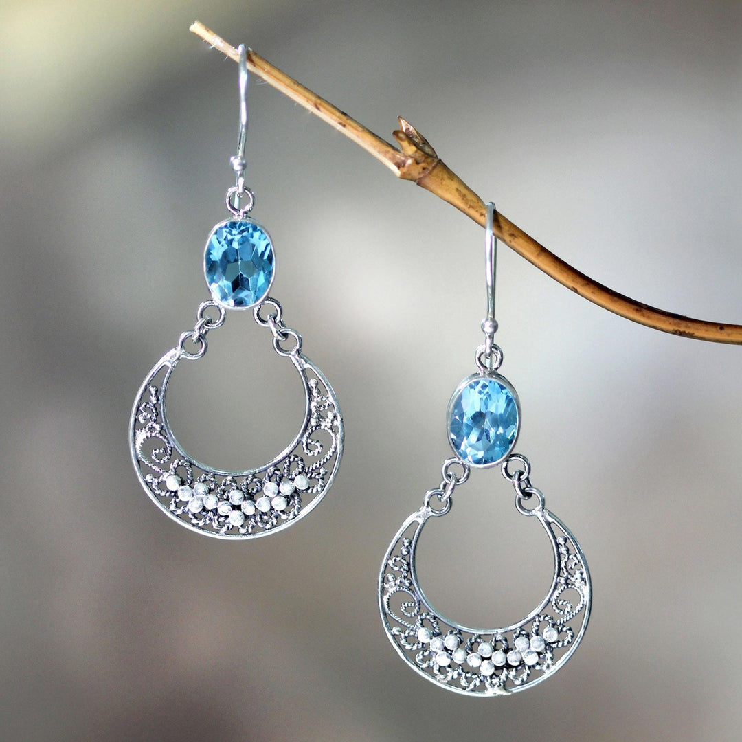 Unique Sterling Silver and Blue Topaz Dangle Earrings - Sumatra Moons