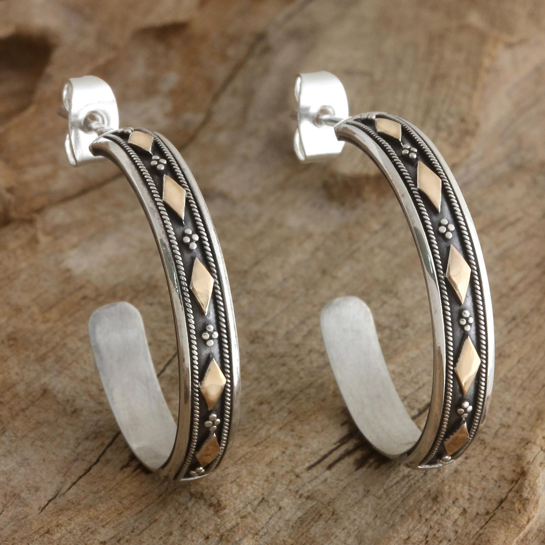 Sterling Silver and Gold Accent Half Hoop Earrings - Golden Diamonds