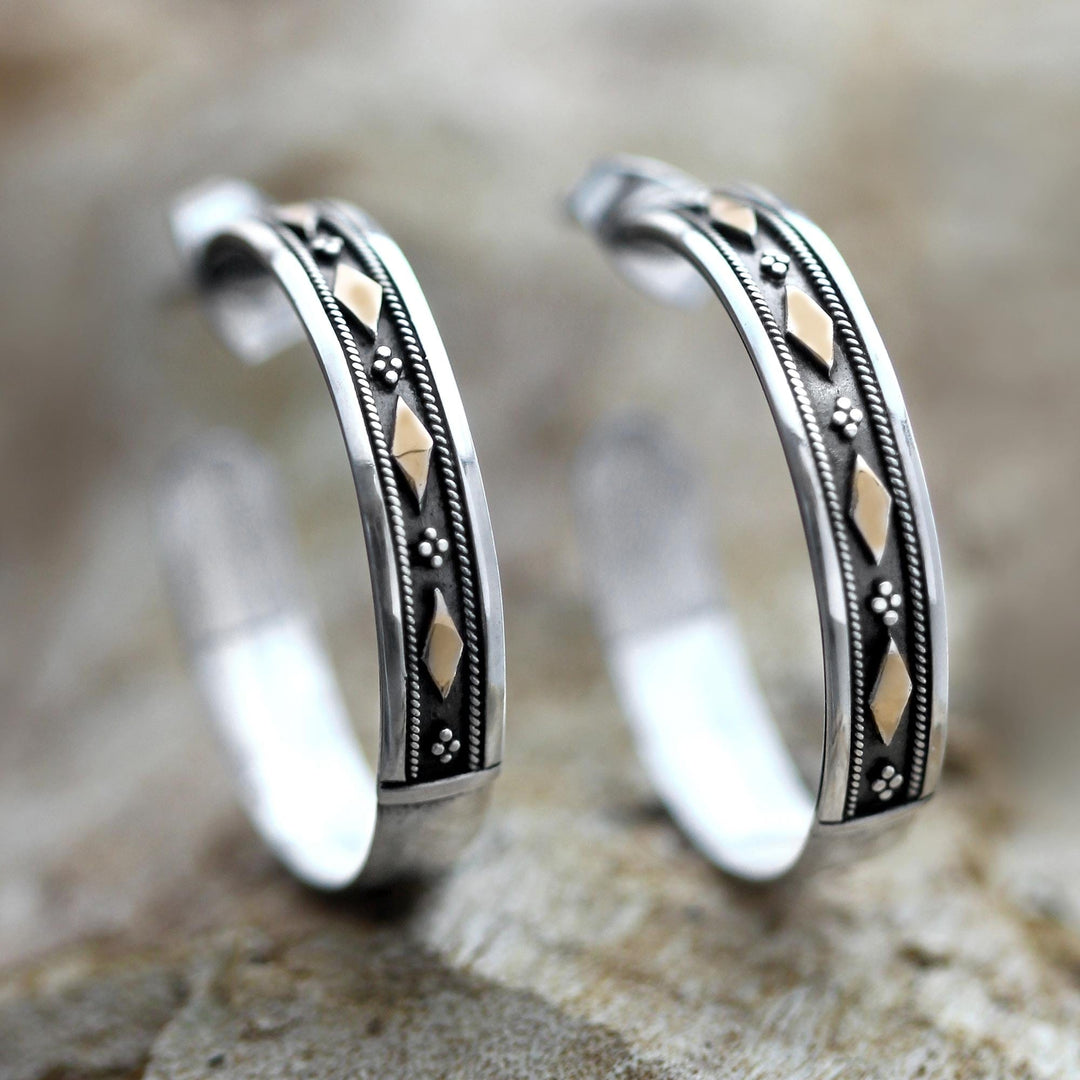 Sterling Silver and Gold Accent Half Hoop Earrings - Golden Diamonds