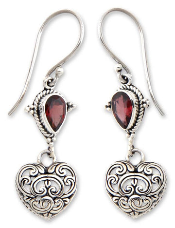 Heart Shaped Sterling Silver and Garnet Earrings - Love's Compassion