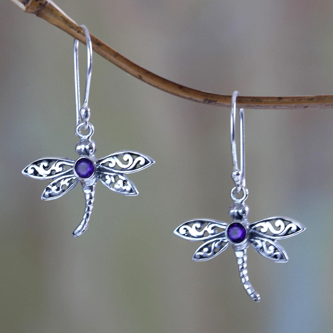 Amethyst and Silver Earrings - Enchanted Dragonfly